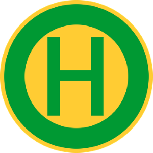 Schild Logo Bushaltestelle, Buchstabe H in grün auf gelben Hintergrund