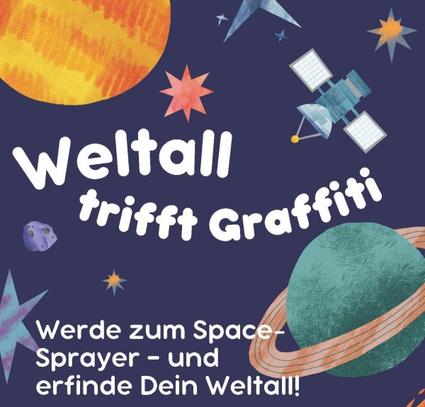 Illustration Weltall mit weißer Schrift